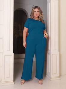 Women's Plus Size Set Of Sweatpants And Short-Sleeved Top - Teal Blue - View 2