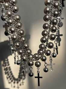1 pièce Collier vintage élégant en métal multicolore avec croix et perles grises fausses, convient pour les rendez-vous, les fêtes, les dîners et le port quotidien