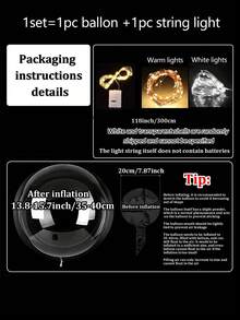 20个(10套)LED气球串灯,透明泡泡球设计,迷人的LED发光泡泡球搭配冷白光灯串,适用于生日、婚礼、周年纪念日、情人节和圣诞节装饰,夏季海滩派对装饰,生日气球,室内派对装饰,暖白光/白光灯串 - 無色 - 查看 5