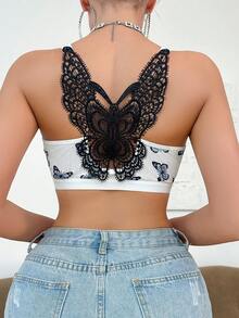 女士前扣式胸罩，蝴蝶印花，性感背部设计 - 白色 - 查看 5