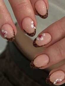 24片椭圆形花朵美甲贴纸套装，法式亚克力材质，豹纹图案，完美贴合，包含1片果冻胶和1个指甲锉，易于佩戴，适合夏季美甲和法式美甲，适合女性和女孩日常、派对和其他场合。 - 彩色 - 查看 2