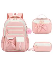 3PCS Girls School Backpack Set With Bowknot, Lunch Box Bag & Pencil Case, Lightweight Multi-Pocket Student Bookbag, Fits 15.6 Inch Laptop, Travel Backpack, Back To School Essential, Ideal Birthday Gift 