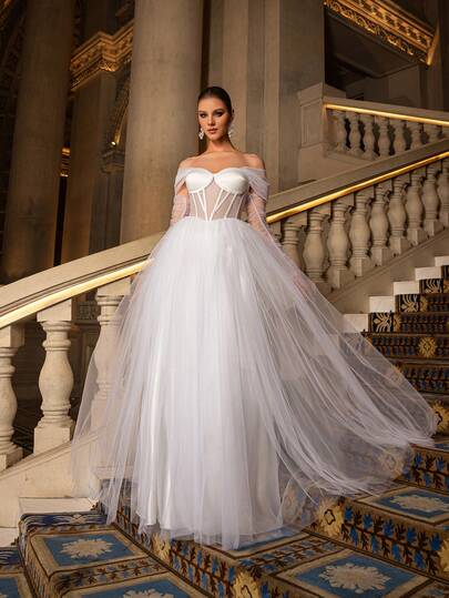 Faeriesty Bridal Wedding Dress, Off-Shoulder Design, Elegant Sheer Mesh Sleeves, Structured Bodice, Flowing A-Line Chiffon Skirt, Suitable For Wedding Ceremony, Formal Dinner, Gala, Engagement Photoshoot, High-End Social Events
