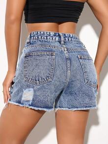 ICON Women'S Spring And Summer Slant Pocket Non Elastic Punch Washed Denim Shorts - Baby Blue - View 2