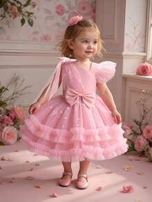 女婴纯色网纱爱心图案蝴蝶结可爱生日蓬蓬公主裙，适合派对、节日、婚礼等场合，不含头饰 - 藕粉色 - 查看 4