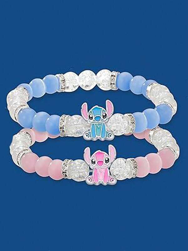 Disney Disney, Stitch Crystal Beaded Bracelet, Cartoon Cat's Eye Friendship Bracelet, Cute And Elegant Style, Perfect For Daily Wear Or Party, Holiday And Birthday Gifts