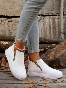 Fall/Winter 2025 Women's Ankle Boots And Short Boots, Beige Boots, Women's Flat Shoes, New Season Short Boots, Zipper Closure - White - View 5