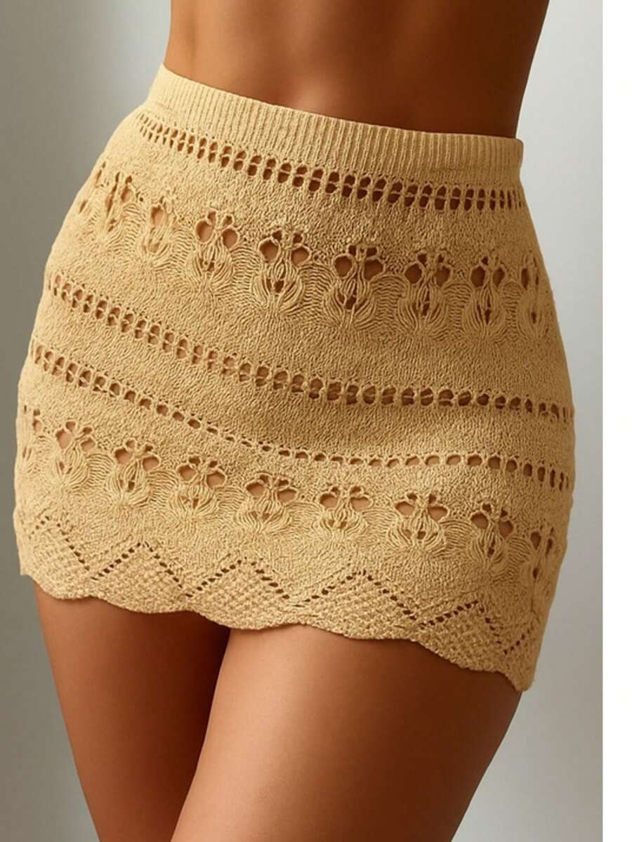 Beach Cover-Up Crochet Knit Lace Skirt With Elastic Waistband And Adjustable Waistband - Màu be - Xem 1