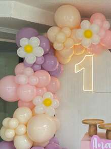 Kit de 105 piezas de guirnalda de arco de globos de color rosa, morado y crema con tema de margaritas para decoración de fiesta de cumpleaños 1er año, bautizo, y eventos