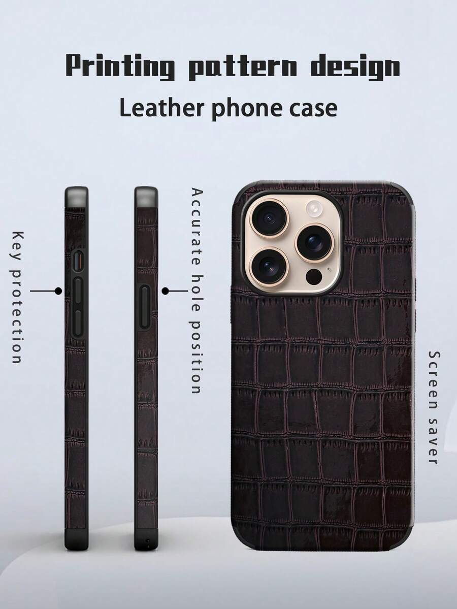 1pc Crocodile Pattern Leather Shockproof Phone Case With Rotating Sound Design, Compatible With IPhone Waterproof Anti-Fall Scratch Resistant - Dark Brown - View 1