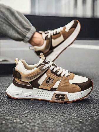 厚底拼色男式厚底运动鞋，时尚透气舒适男士运动鞋，增高系带男式跑步鞋，户外