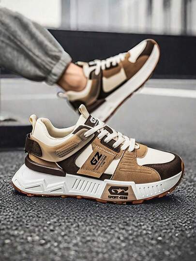 厚底拼色男式厚底运动鞋，时尚透气舒适男士运动鞋，增高系带男式跑步鞋，户外