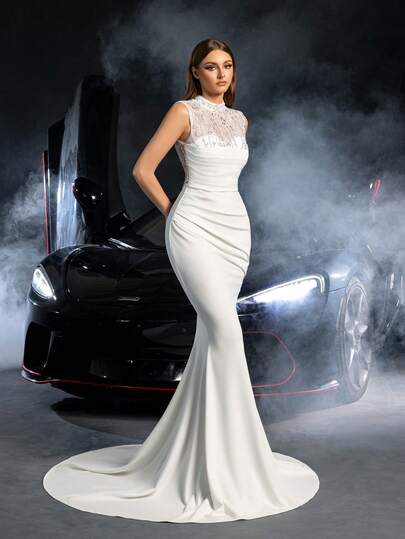 Faeriesty Elegant High Collar Mermaid Wedding Dress With Beaded Floral Patterns, Floor-Length Gown - Perfect For Outdoor Weddings, Luxury Banquet Halls, And Charming Beach Ceremonies.