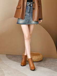 女士修身高跟靴，适合派对，舒适时尚，百搭棕色粗跟靴，保暖马靴，皮革尖头粗跟侧拉链秋冬马靴，女靴 - 棕色 - 查看 2