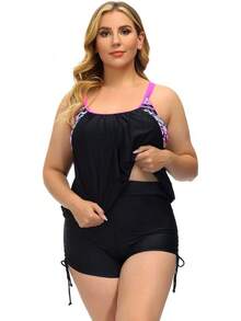 Womens Plus Size Striped Printed Strappy Tankini Top With Shorts Two Pieces Swimsuit - Floral Print - View 3