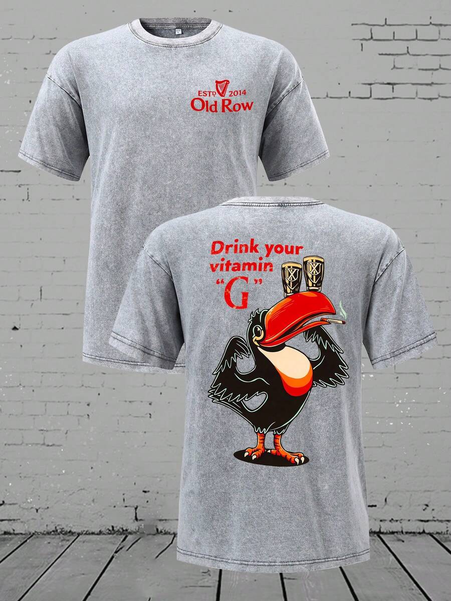Vintage Washed Old Row Toucan "Vitamin G" Tee - 230g Cotton, Loose Crew Neck, Humorous Bird Design - 灰色 - 查看 1