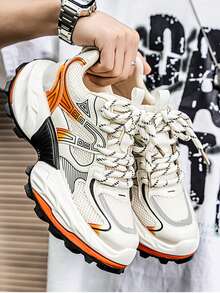 Men's Sneakers 2025 Summer New Thick-Sole Non-Slip Wear-Resistant Low-Top Round-Toe Lace-Up Men's Chunky Sneakers Gradient Outsole Fashionable Versatile Soft Comfortable Men's Running Shoes Leather And Mesh Combination Suitable For Outdoor, Daily Commute, Casual Wear, Young Men