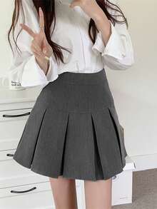 女士休闲纯色褶皱 A 字裙，可爱日常家居裙