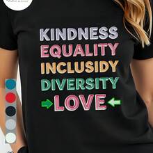 Black Cotton Crewneck Short Sleeve Printed T-Shirt 180g With Kindness Equality Inclusivity Diversity Love Graphic Design Ideal For Holiday Gift And Party Plus Size Women - Black - View 8