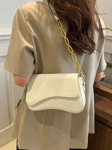 1pc Minimalist Solid Color Flap Shoulder Bag, Classic Textured Crossbody Bag, Women Handbag - White - View 5