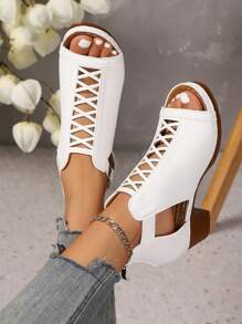 1 Paar bequeme, elegante Damen Sandaletten mit Reißverschluss, Rücken im neuen römischen Stil, Boho-Schnalle, Hochabsatz, für Partys, Festivals, ganzjährig