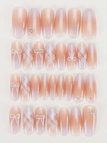 30片中号杏仁形按压假指甲贴片，渐变甜美酷炫日韩风女士指甲贴片，新款时尚指尖，配1片果冻胶和1片摩擦条，适合女性派对、舞会、日常休闲装，可拆卸可重复使用按压指甲美甲用品美甲 - 彩色 - 查看 4