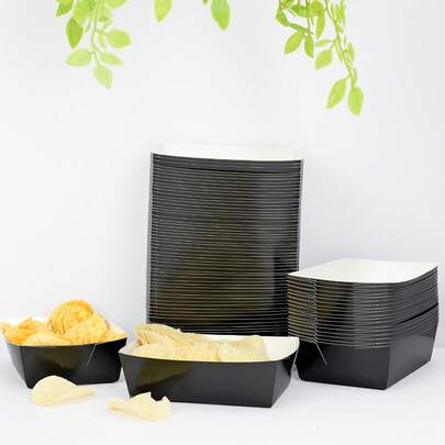 10pcs/20pcs/50pcs Black Food Boxes, French Fry Box, Popcorn Box, Food Paper Tray Paper Boat Box Birthday Party Decor And Home Movie Night Snack Boxes, Suitable For Lunch Box, Bakery Bread, Burger Restaurant Halloween Party Supplies Table Decorations