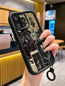 1 件相机镜头保护骷髅太阳神图案手机壳，带挂绳和指环支架，适用于 Apple 11 Pro Max/12 Pro Max/13 Pro Max/14 Pro Max/15 Pro Max/16 Plus/16 Pro Max、Redmi、OPPO/Realme、VIVO、Infinix、Honor、MOTO、One Plus - 黑色 - 查看 4