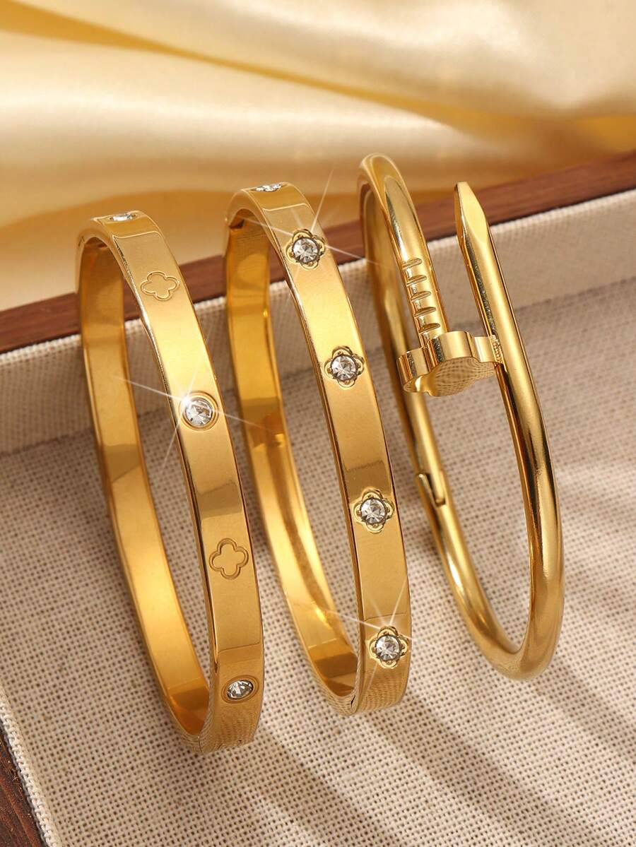 Znice 3pcs 18K Gold Plated Stainless Steel Four-Leaf Clover Nail Bracelet, Suitable For Women's Party, Daily Wear, European And American Style, Personalized, Generosity, Luxury Wristband, Wedding Jewelry Set, Gift For Girls, Ladies, Relatives, Friends, Beautiful Wedding, Birthday, Valentine's Day, Mother, Mother's Day