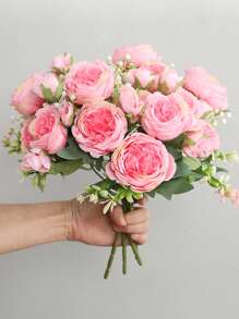 1 束人造牡丹丝绸花仿牡丹花束插花农舍家居波西米亚风婚礼餐桌中心装饰，假塑料花散装花瓶装饰 - 粉色 - 查看 6