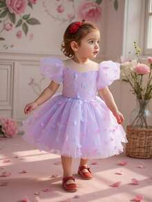 彩色3D蝴蝶蓬蓬裙，适合女婴，可爱又适合花童参加户外派对，面料图案随机裁剪，不含头带 - 紫色 - 查看 4