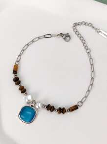 1pc Women's Blue Natural Stone Beaded Bracelet, Summer Fashion Jewelry