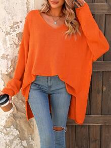 2025 New Arrival Versatile Solid Color Ribbed Split Front Short Back Long Casual Comfortable Loose Fashion Premium Sweater - Orange - View 6