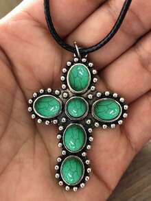 1 pieza Collar con colgante de cruz de turquesa, adecuado para uso diario - Plata antigua - Ver 8