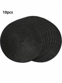 圓形編織餐墊,4/6入組編織可清洗防滑餐墊15英寸,適用於家庭聚會、婚禮派對（黑色）