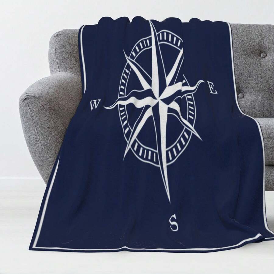 [柔软法兰绒毯] 柔软、轻盈的航海罗盘玫瑰法兰绒毯，四季涤纶，白色缝线设计 - 适合家庭、办公室或礼物 - 海军蓝和白色舒适毯子