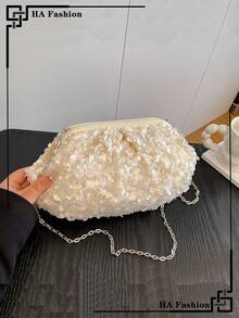 Cloud Pleated Multipurpose Sequins Party Wristlet Bag, Fashion Chain Shoulder Bag, Sequins Strap Crossbody Evening Bag - White - View 2