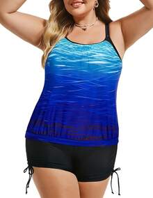 Womens Plus Size Striped Printed Strappy Tankini Top With Shorts Two Pieces Swimsuit - Blue Ripples - View 2