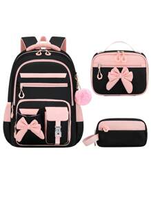 3PCS Girls School Backpack Set With Bowknot, Lunch Box Bag & Pencil Case, Lightweight Multi-Pocket Student Bookbag, Fits 15.6 Inch Laptop, Travel Backpack, Back To School Essential, Ideal Birthday Gift 