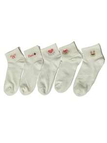 4 Pairs Random White Cartoon Bow, Heart & Letter Pattern Mid-Calf Socks - Multicolor - View 4