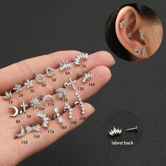1pc Titanium Stainless Steel Bar With  Screw Ball Ear Bone Stud Earring, Gift For Piercing With Floral Design, Moon, Star, Heart, Cross And Crown Shaped Earring Jewelry