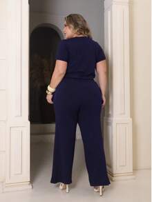 Women's Plus Size Set Of Sweatpants And Short-Sleeved Top - Navy Blue - View 3