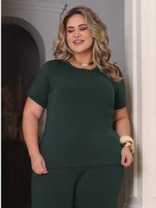 Women's Plus Size Set Of Sweatpants And Short-Sleeved Top - 軍綠色 - 查看 5