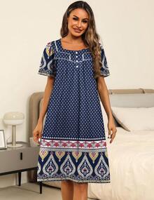 Women's House Dress With Pockets Moomoo Dresses Short Sleeve Mumu Nightgown Lounge Dress Button Down Sleepwear - Green - View 7