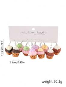 5 Paar süße 3D simulierte Bubble Tea, Kuchen, Eis Ohrhänger Set, Makrone farbiger realistischer Harz Süßigkeiten Snack Ohrringe für Frauen, Frühling/Sommer Accessoire, Party Gastgeschenk - Verschiedenfarbig - Übersicht 11