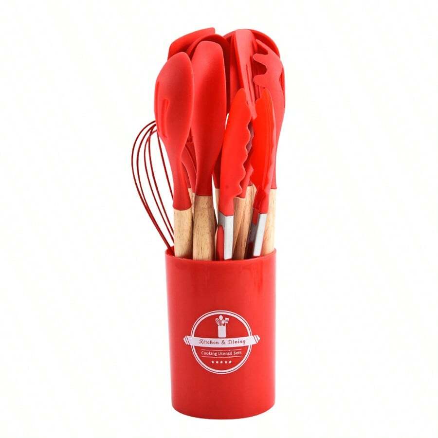 12-Piece Silicone Kitchen Utensil Set, Non-Stick, Non-Slip, High-Temperature Resistant, Cooking Utensils, Wooden Handle, Spatula, Whisk, Cooking Accessories - 紅色 - 查看 1
