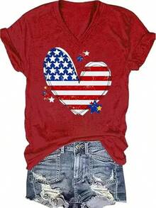 4th Of July V Neck Patriotic T-Shirts Women American Flag Print Faith Family Freedom Letter Casual Short Sleeve Tee Tops Halloween Christmas New Year - Red-5 - View 1