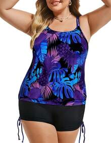 Womens Plus Size Striped Printed Strappy Tankini Top With Shorts Two Pieces Swimsuit - Purple - View 2