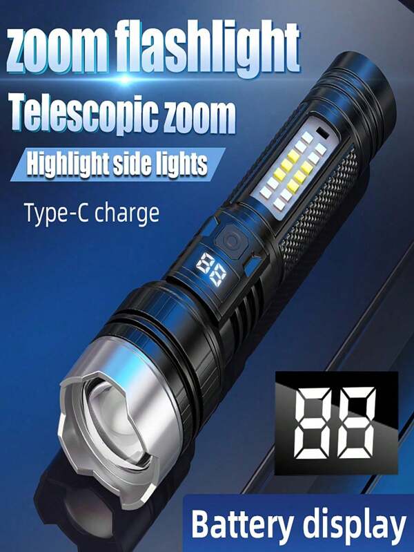 1/2/4 piezas 18650-1200mAh Linterna LED recargable USB de 5 modos con potente linterna de zoom con luces laterales COB, lámpara portátil de emergencia para acampada, pantalla DIalAL, zoom telescópico de alta potencia, linterna con destello rojo y azul