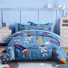 7 Pcs Comforter Set Full Size, Space Moon Astronaut Bedding For Kids Teen, Cartoon Science Galaxy With Fitted Sheet 2 Pillowcases & 2 Shams For Bedroom Bed Decor - Multicolor - View 2
